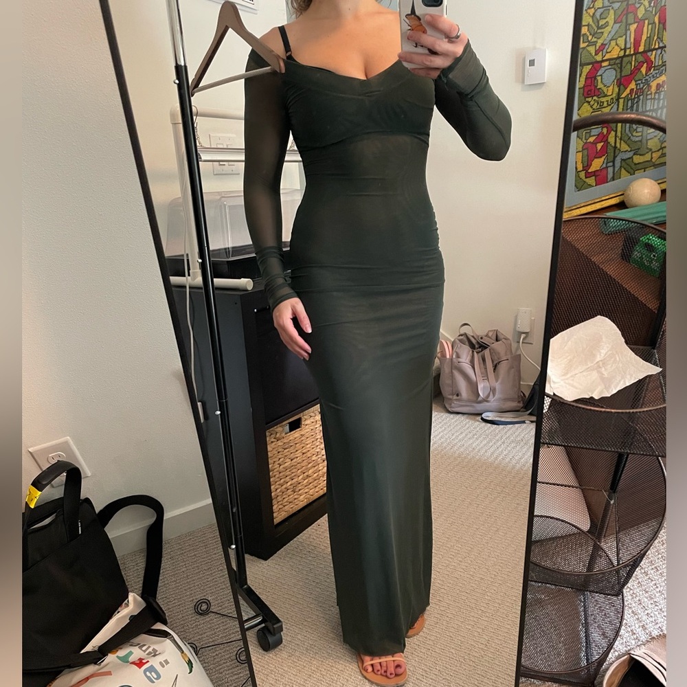 Dark Green Mesh Long Sleeve Dress
